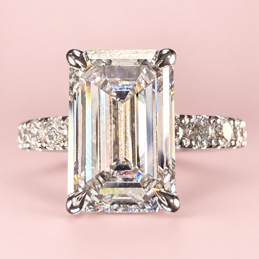 Emerald-cut ring with pink background