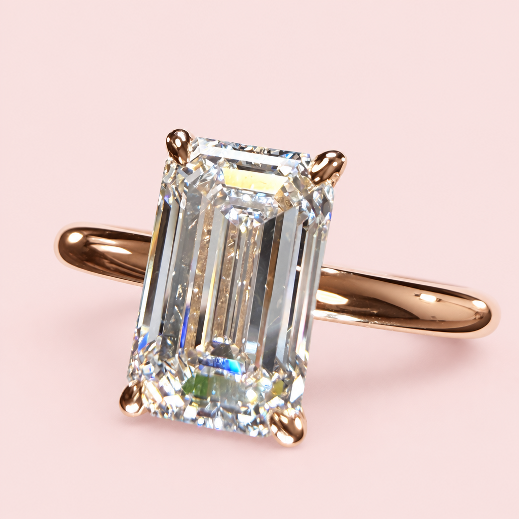 Emerald-cut solitaire angle on pink