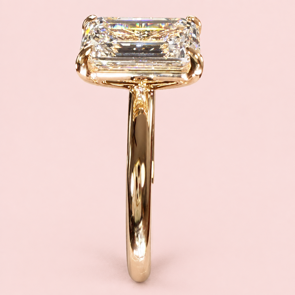 Emerald-cut solitaire profile on pink