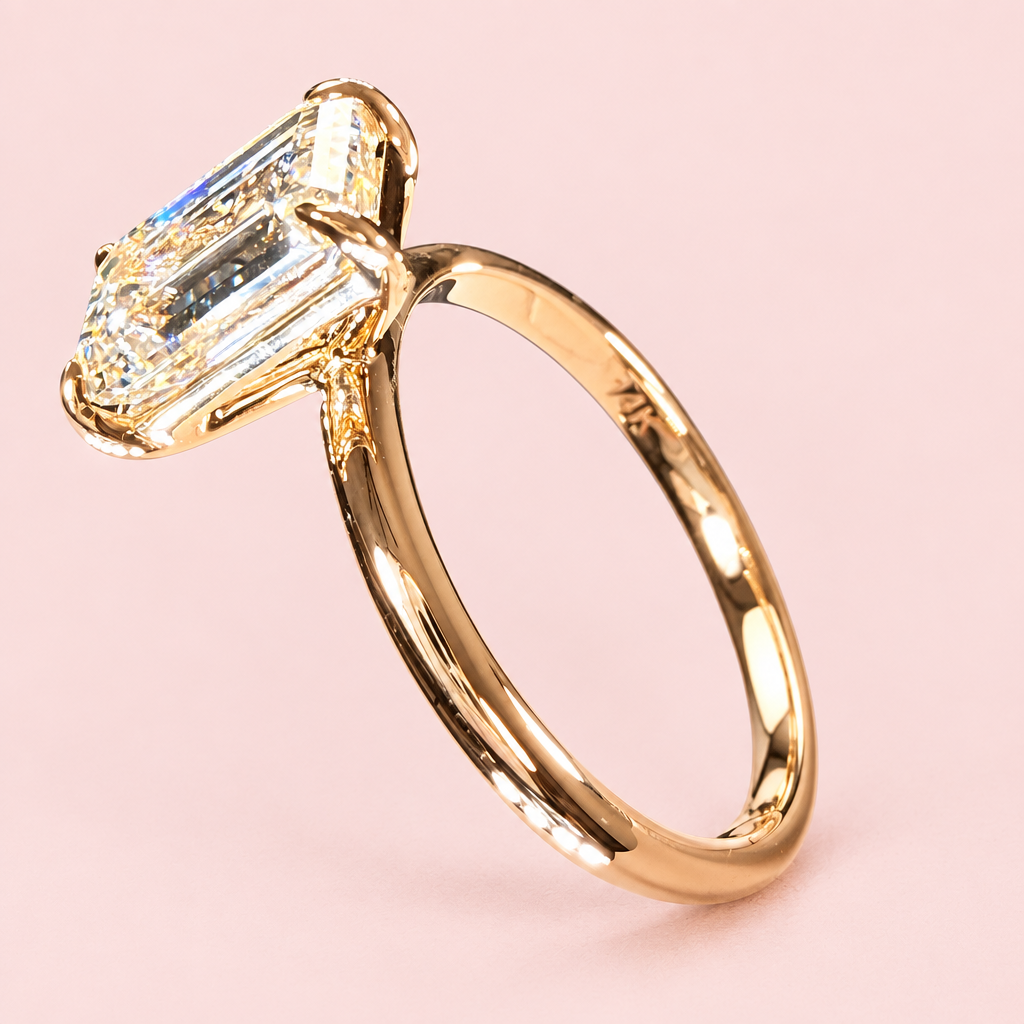 Emerald-cut solitaire side angle on pink
