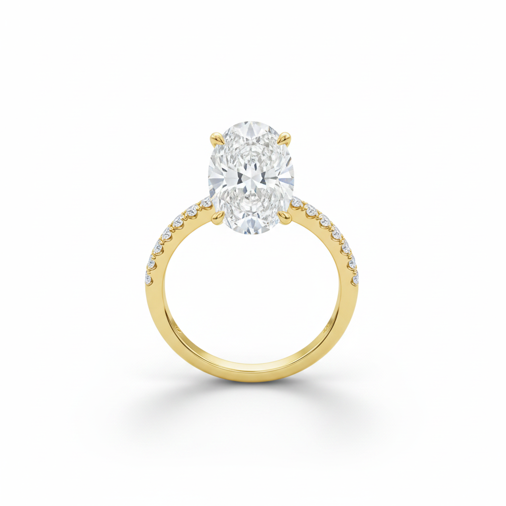 Yellow gold oval engagement ring angled view