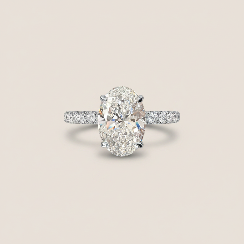 White gold oval engagement ring angled view