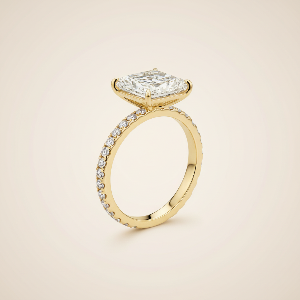 Yellow gold radiant engagement ring angled view
