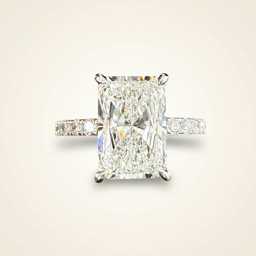 Radiant-cut lab-grown diamond engagement ring side view