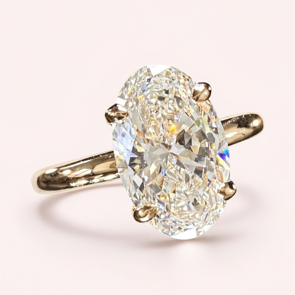 Yellow gold oval engagement ring angled view