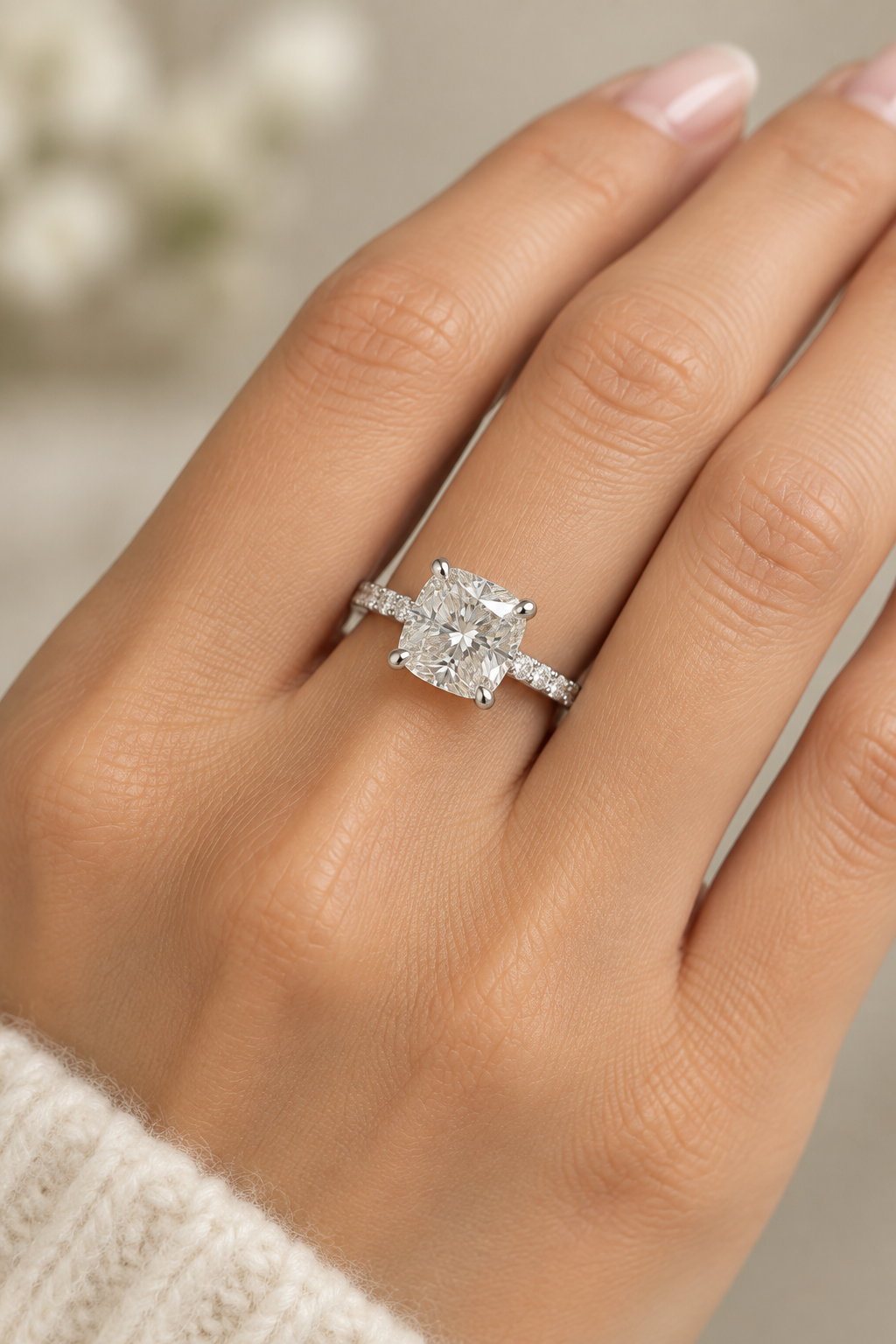 2.25ct Cushion Lab Grown Diamond Engagement Ring worn on hand