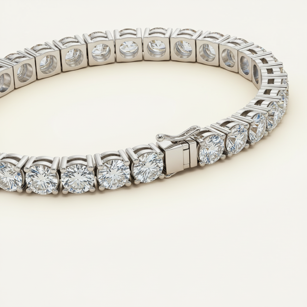 14K white gold tennis bracelet with 4mm diamonds, clasp and setting detail