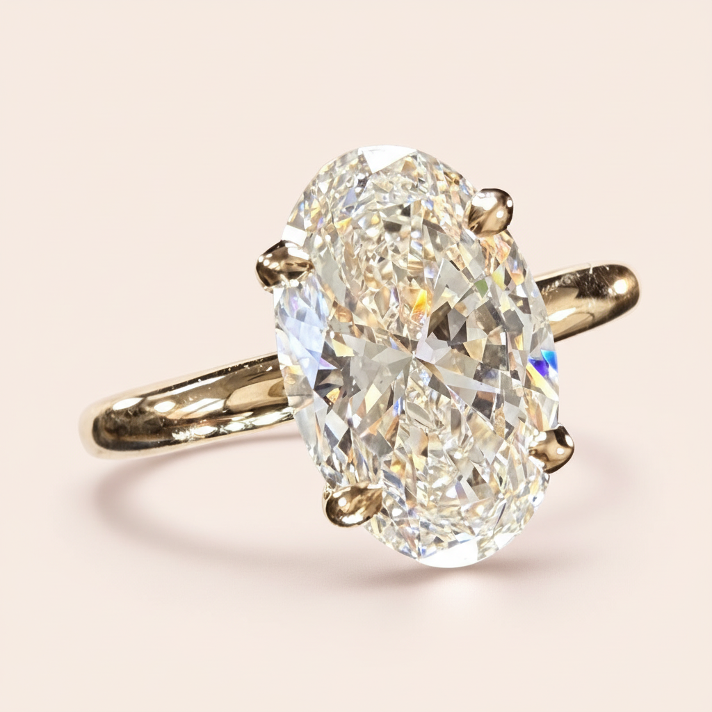 3.03ct oval lab-grown diamond ring on blush studio background