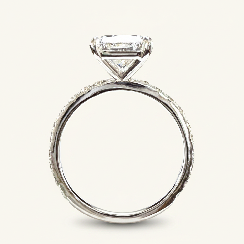 White gold radiant engagement ring angled view