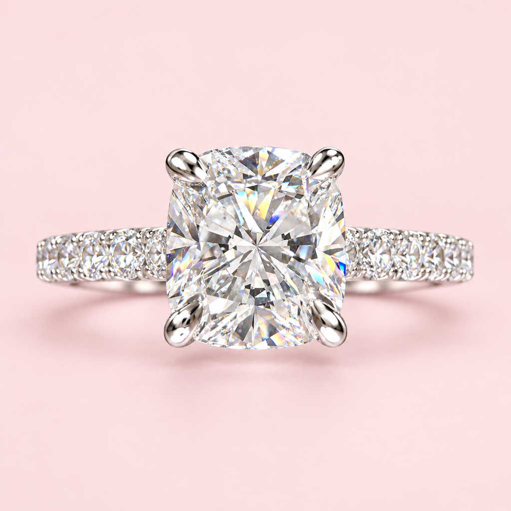 2.25ct Cushion Lab Grown Diamond Engagement Ring on soft pink background