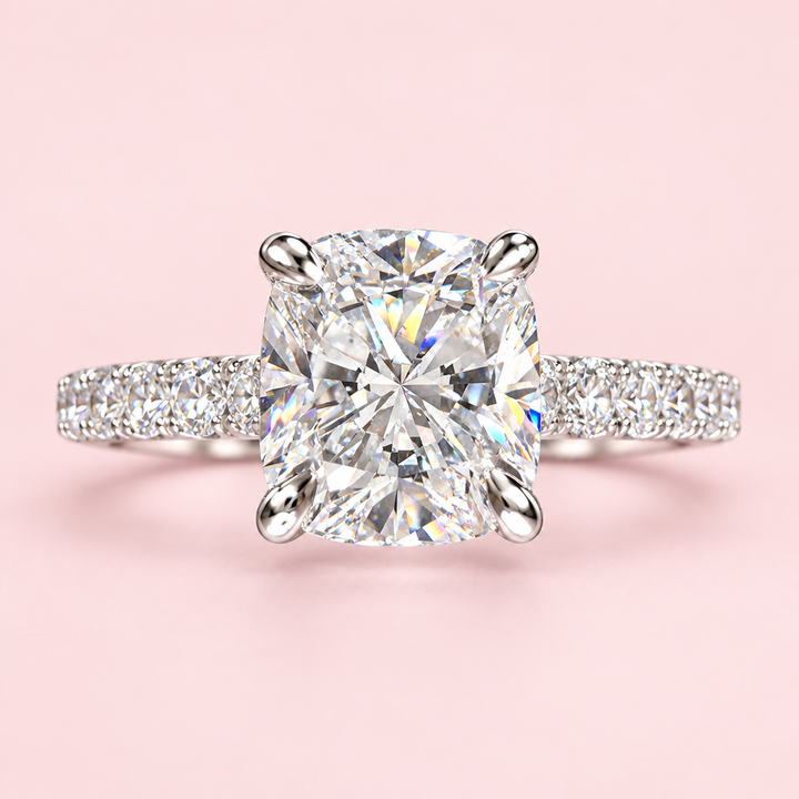 2.25ct Cushion Lab Grown Diamond Engagement Ring on soft pink background