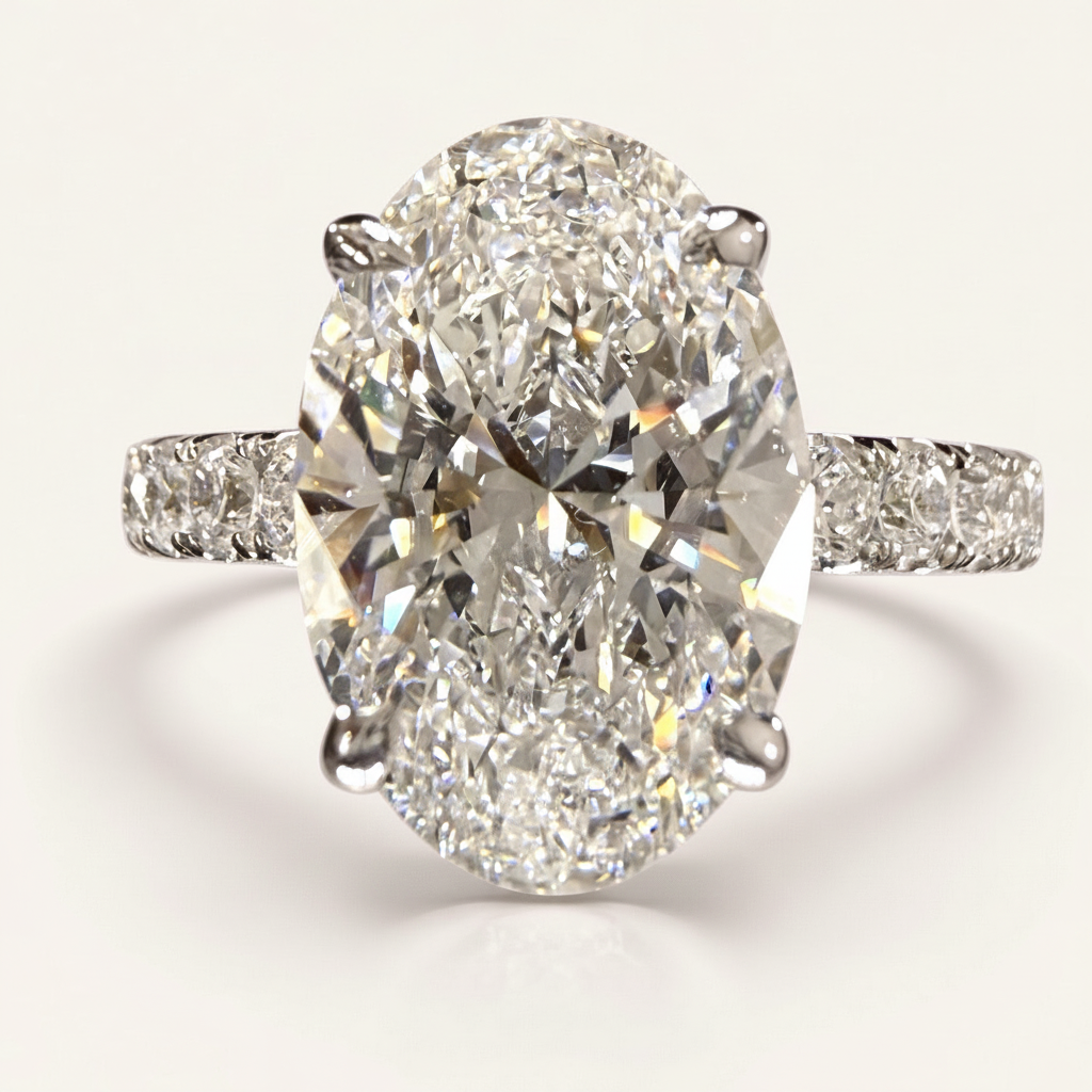 Oval-cut white gold engagement ring side view
