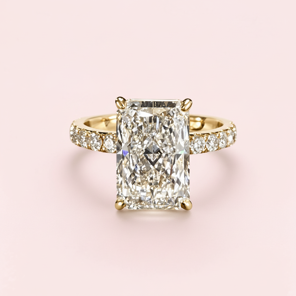 14K yellow gold radiant ring studio view