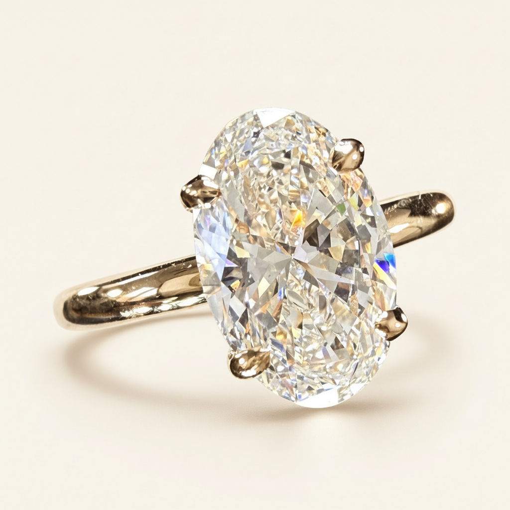 Oval-cut yellow gold solitaire ring side view