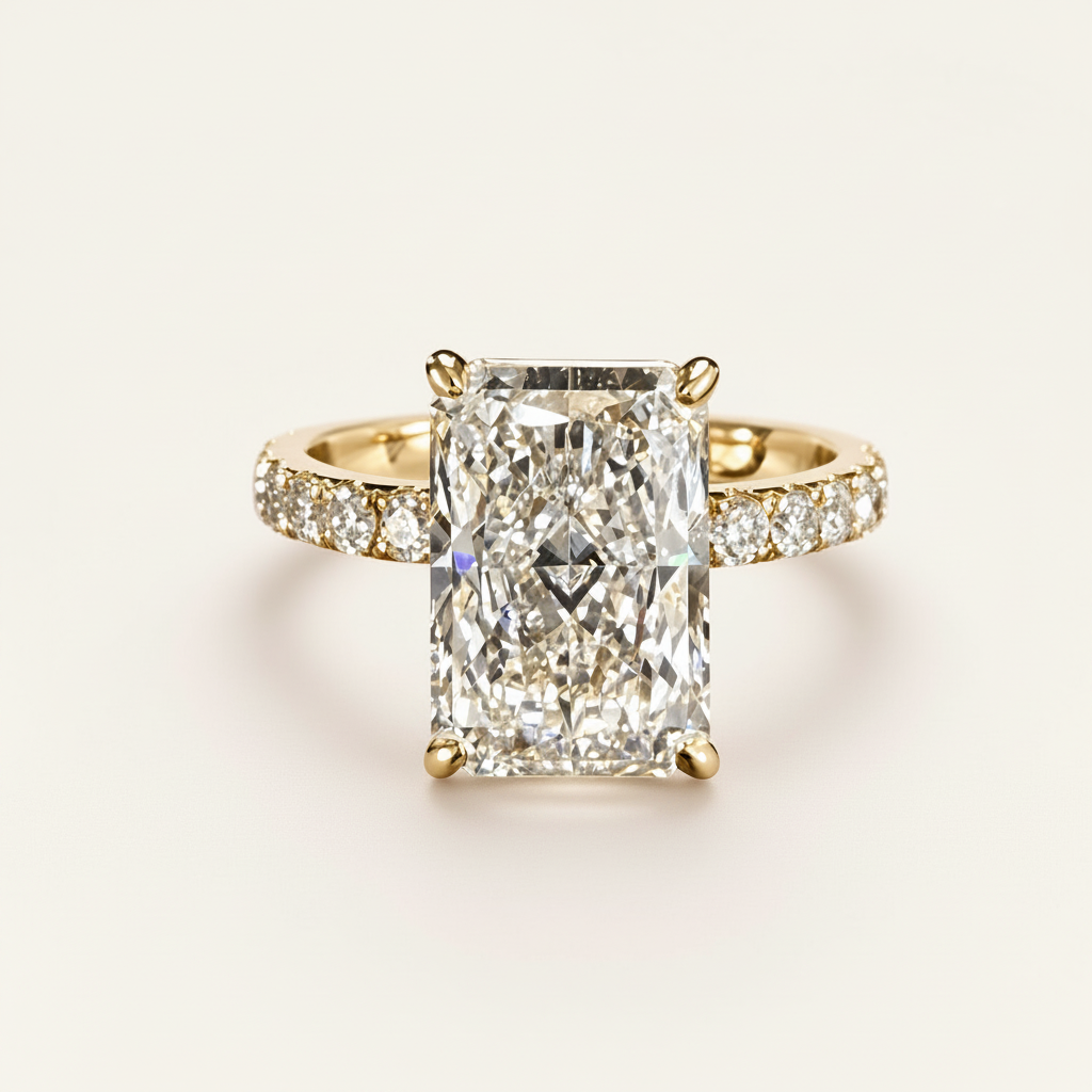 3.78ct radiant lab-grown diamond ring matched to listing background