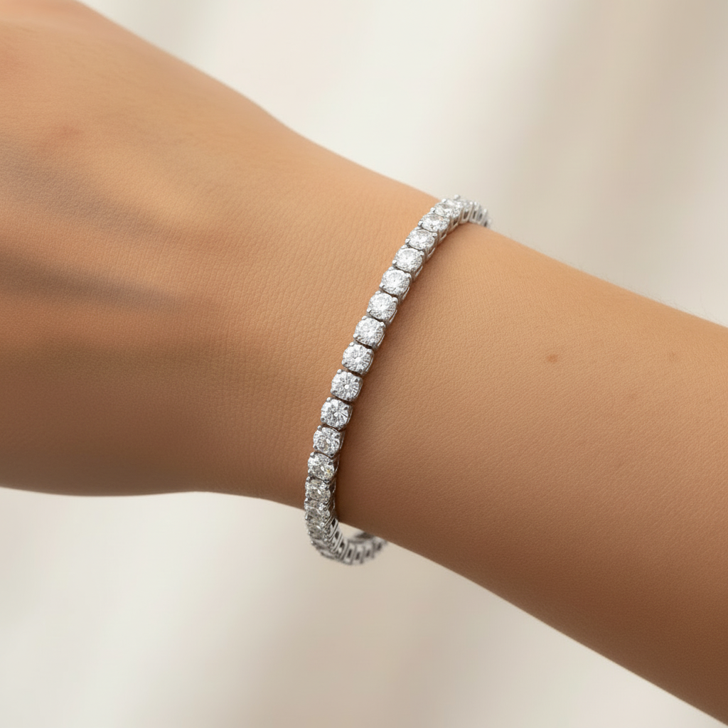 12.50ct diamond tennis bracelet in 14K white gold worn on wrist