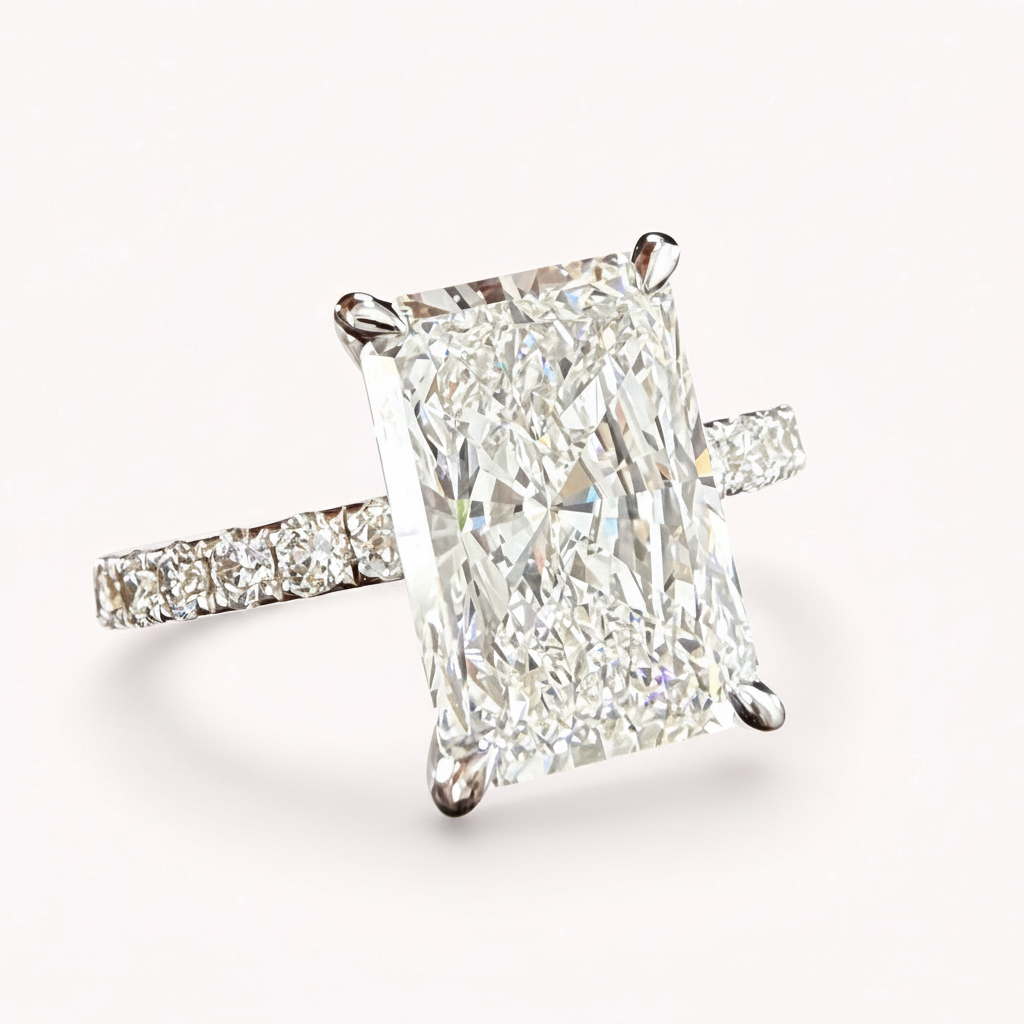 3.75ct radiant lab-grown diamond ring matched to listing background