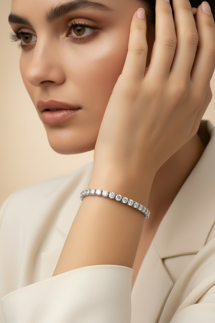 Model wearing a 12.50ct diamond tennis bracelet in 14K white gold