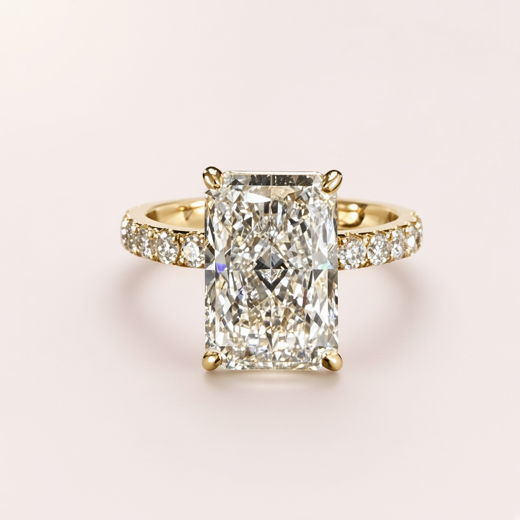 Yellow gold radiant engagement ring angled view