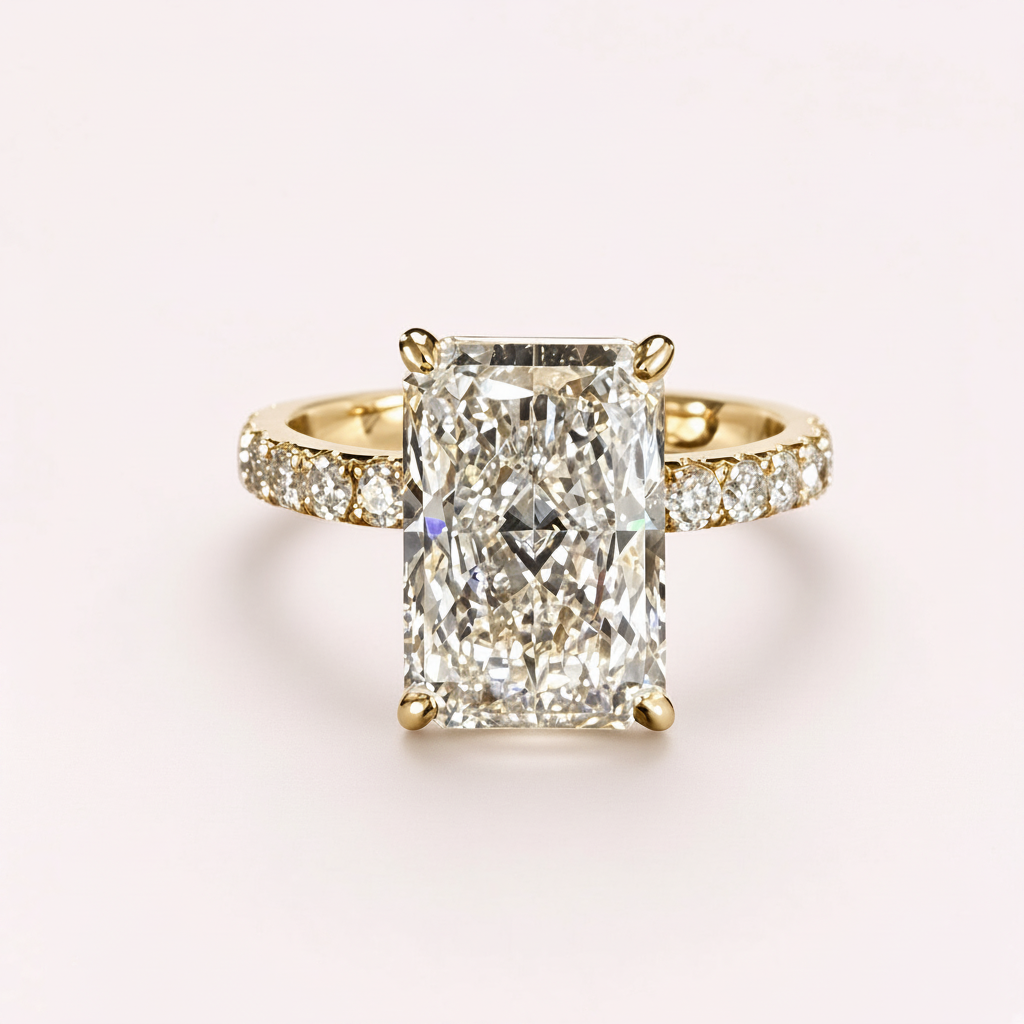 Radiant-cut yellow gold engagement ring side view