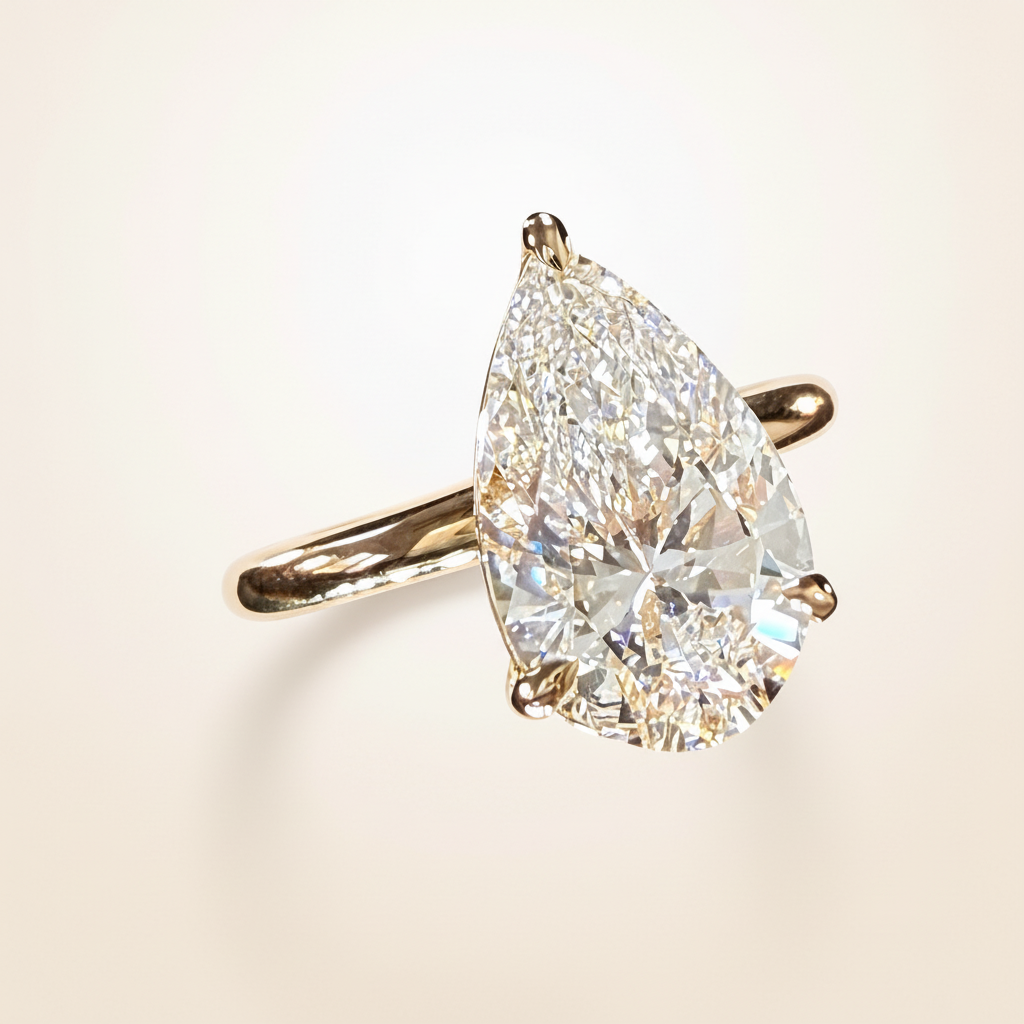 Yellow gold pear engagement ring angled view