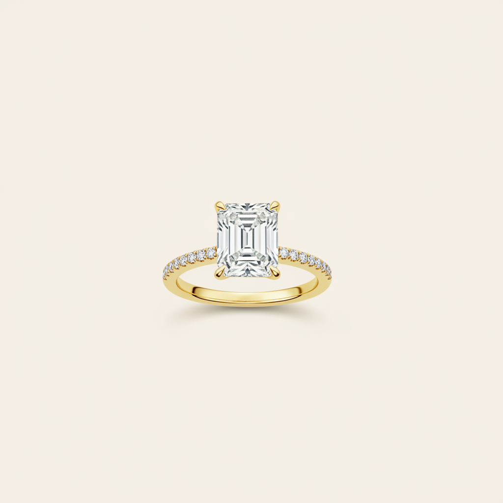 14K yellow gold radiant ring studio view