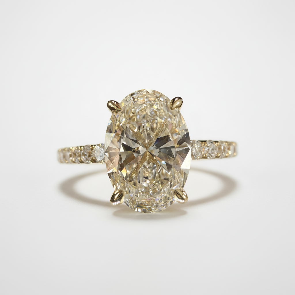 Oval-cut yellow gold engagement ring side view