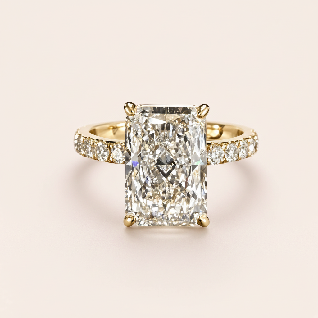 3.78ct radiant lab-grown diamond ring on blush studio background