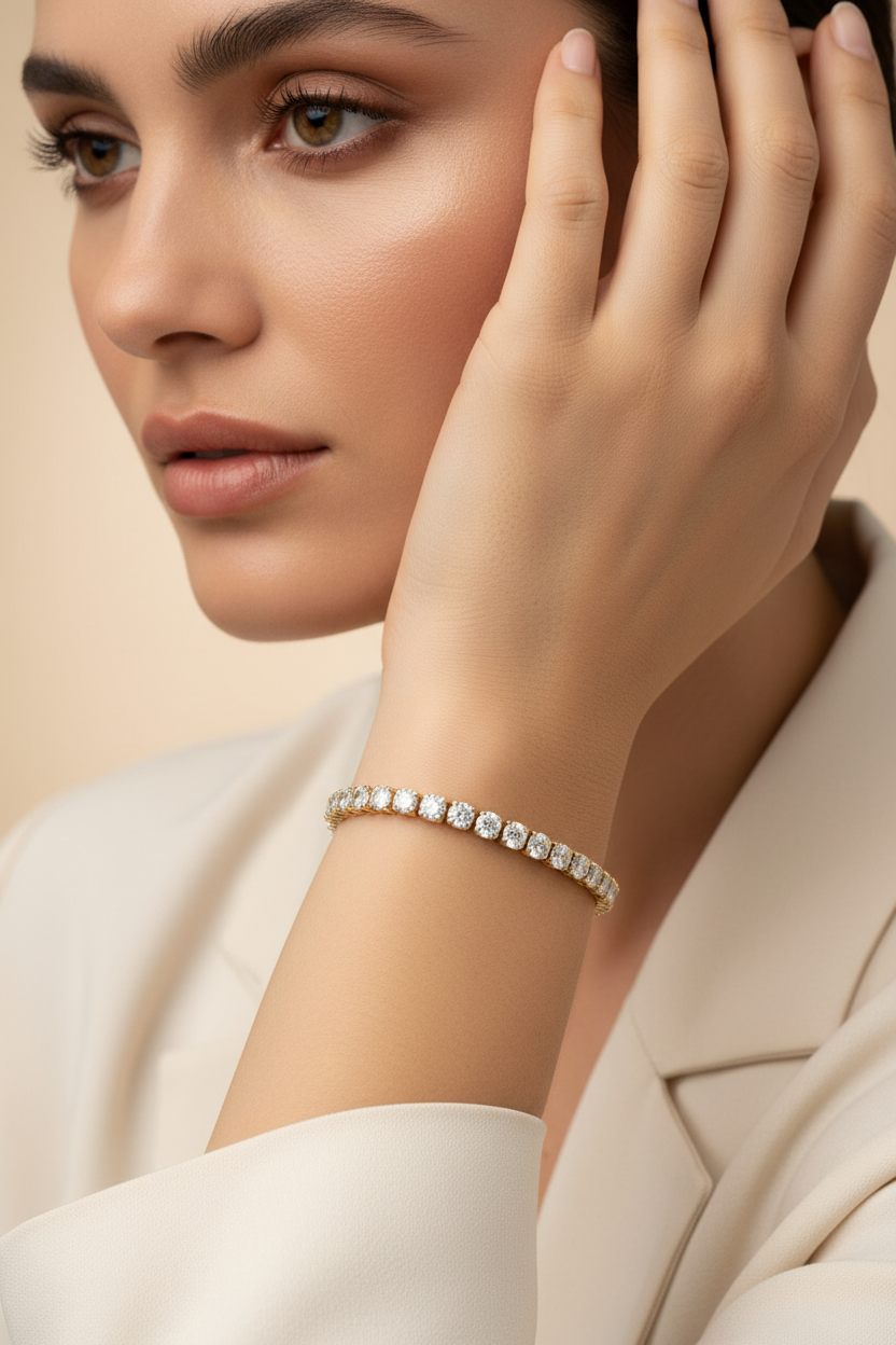 Model wearing a 12.50ct diamond tennis bracelet in 14K yellow gold