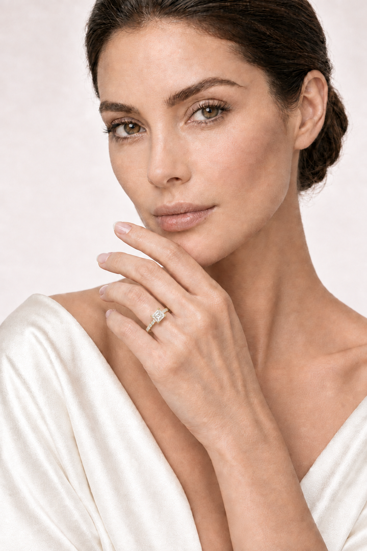 Model wearing princess-cut pavé ring