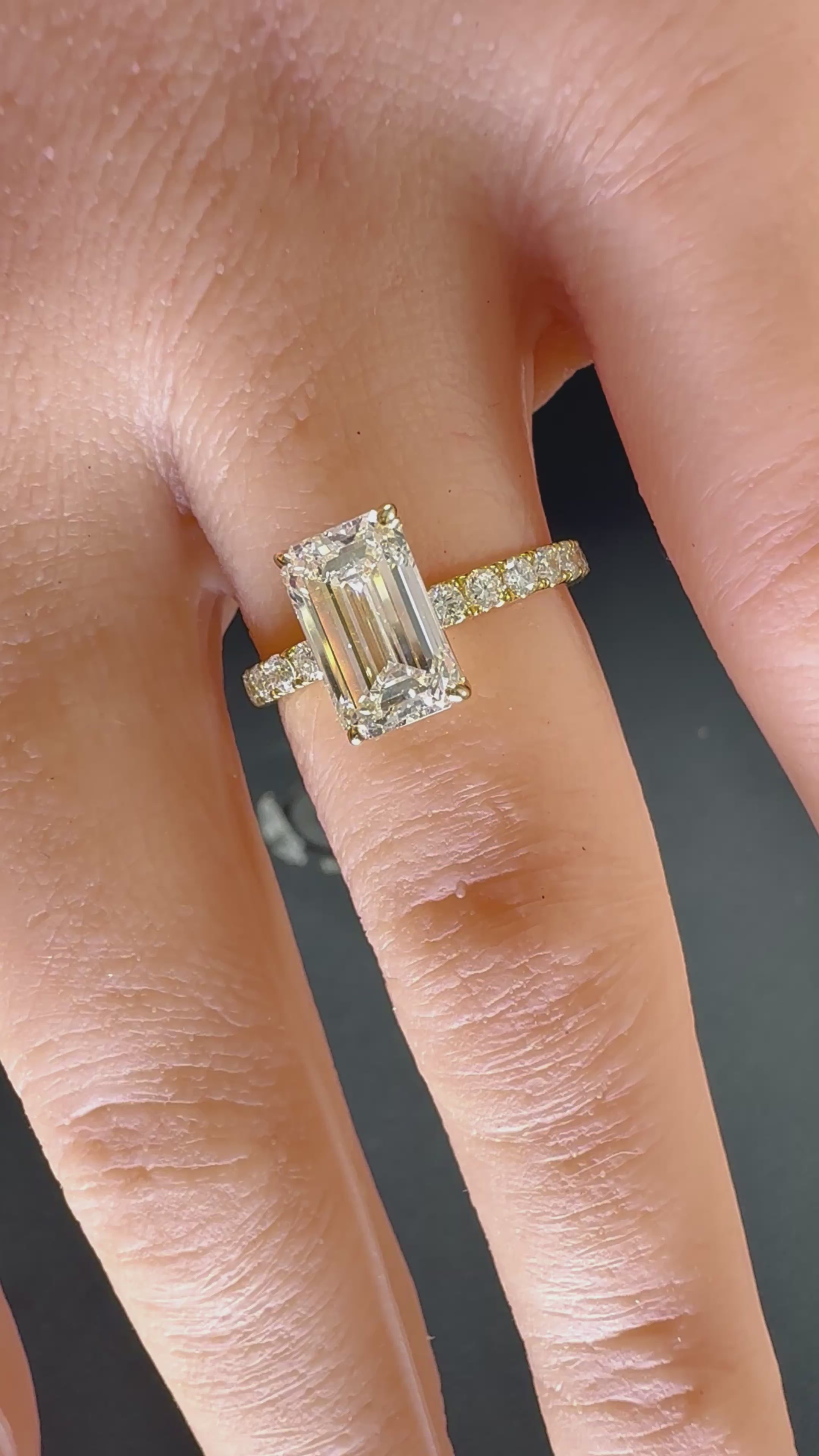 Elongated Emerald Cut Lab Grown Diamond Engagement Ring | 3.75ct IGI Certified | 14K Yellow Gold Pavé