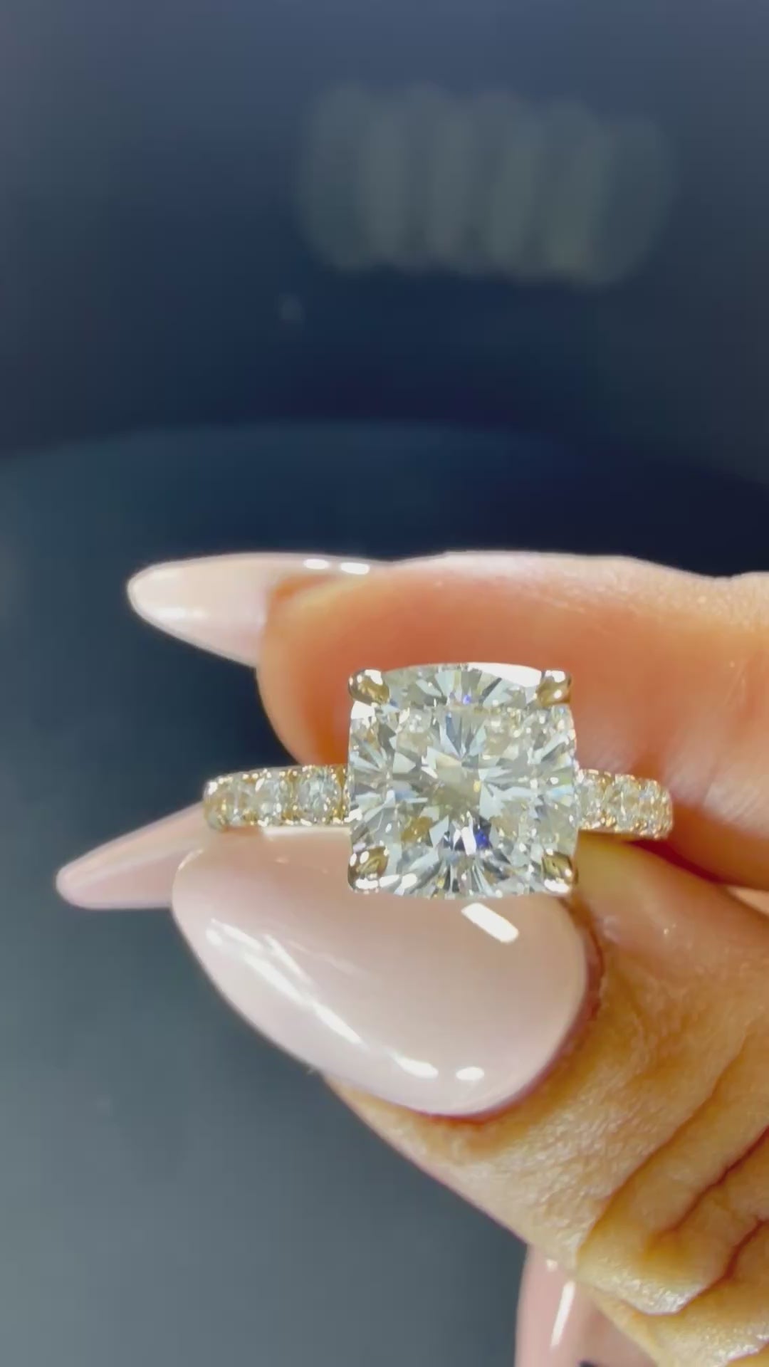 2.75ct Cushion Lab Diamond Pavé Engagement Ring | 2ct Center | D/VS1 IGI | 14K Yellow Gold