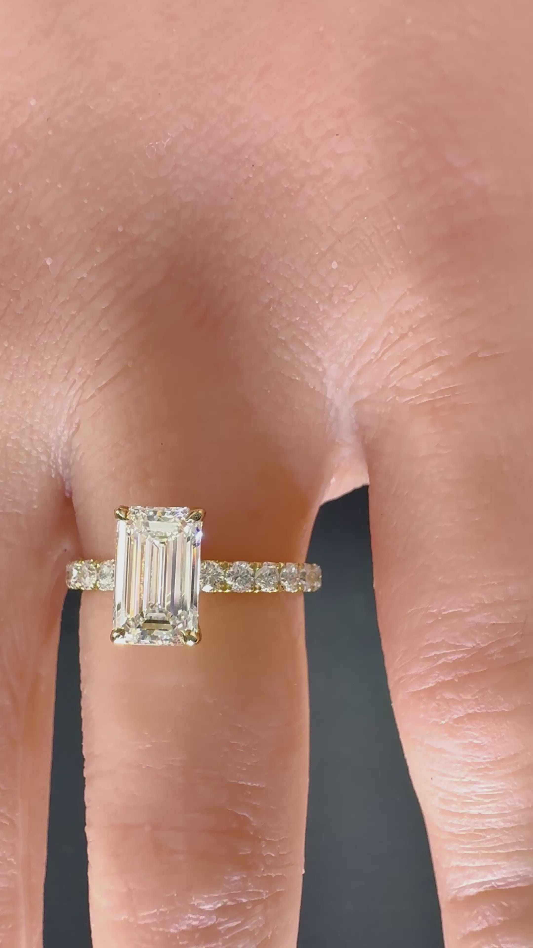 Elongated Emerald Cut Lab Grown Diamond Engagement Ring | 2.25ct IGI Certified | 14K Yellow Gold Pavé