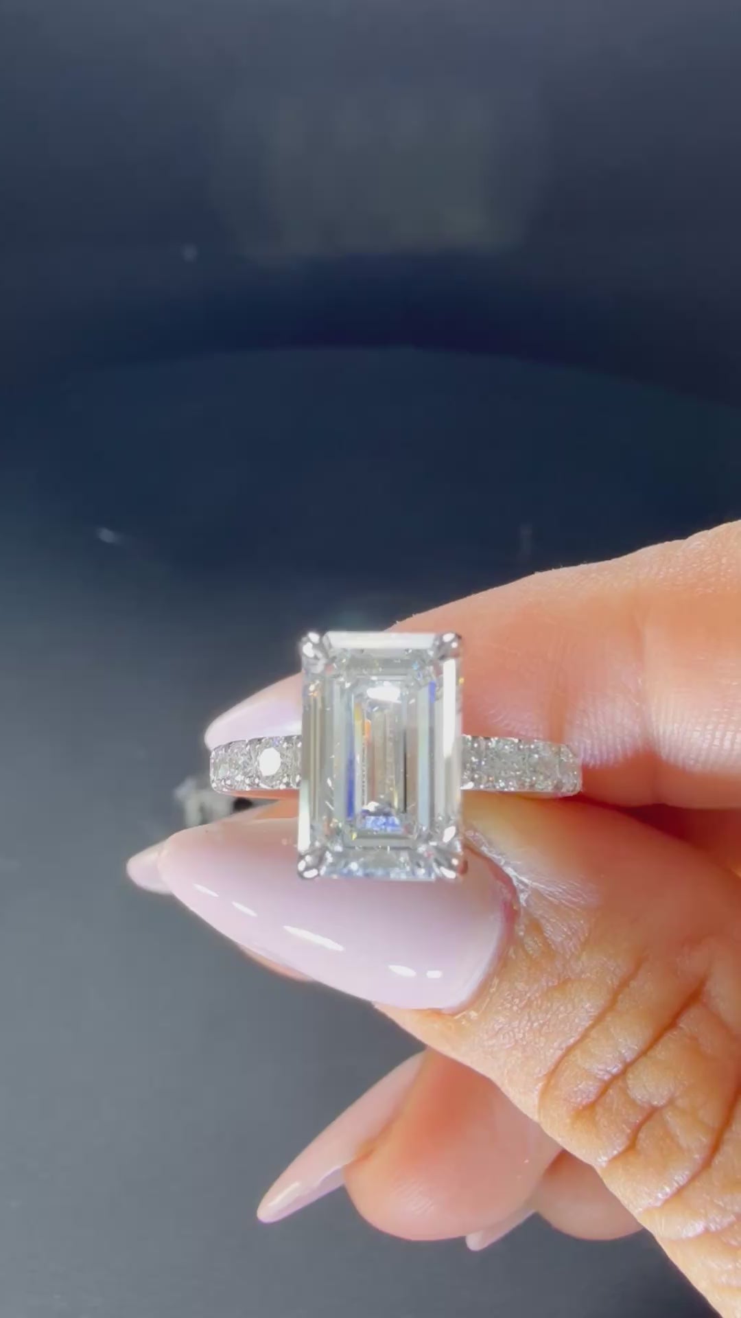 3ct Elongated Emerald Lab Diamond Ring | 3.00ct Center | 14K White Gold Pavé | D/VS1 IGI Certified