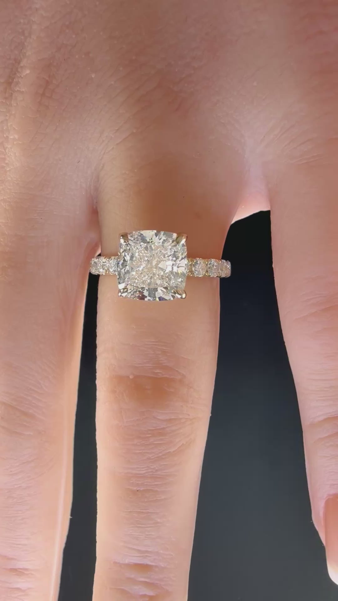 3Ct Cushion Cut Lab Grown Diamond Pave Engagement Ring | 14K Yellow Gold | IGI Cert. | D/VS1