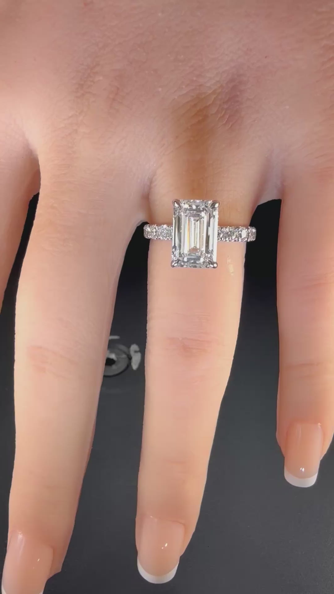 3ct Elongated Emerald Lab Diamond Ring | 3.00ct Center | 14K White Gold Pavé | D/VS1 IGI Certified