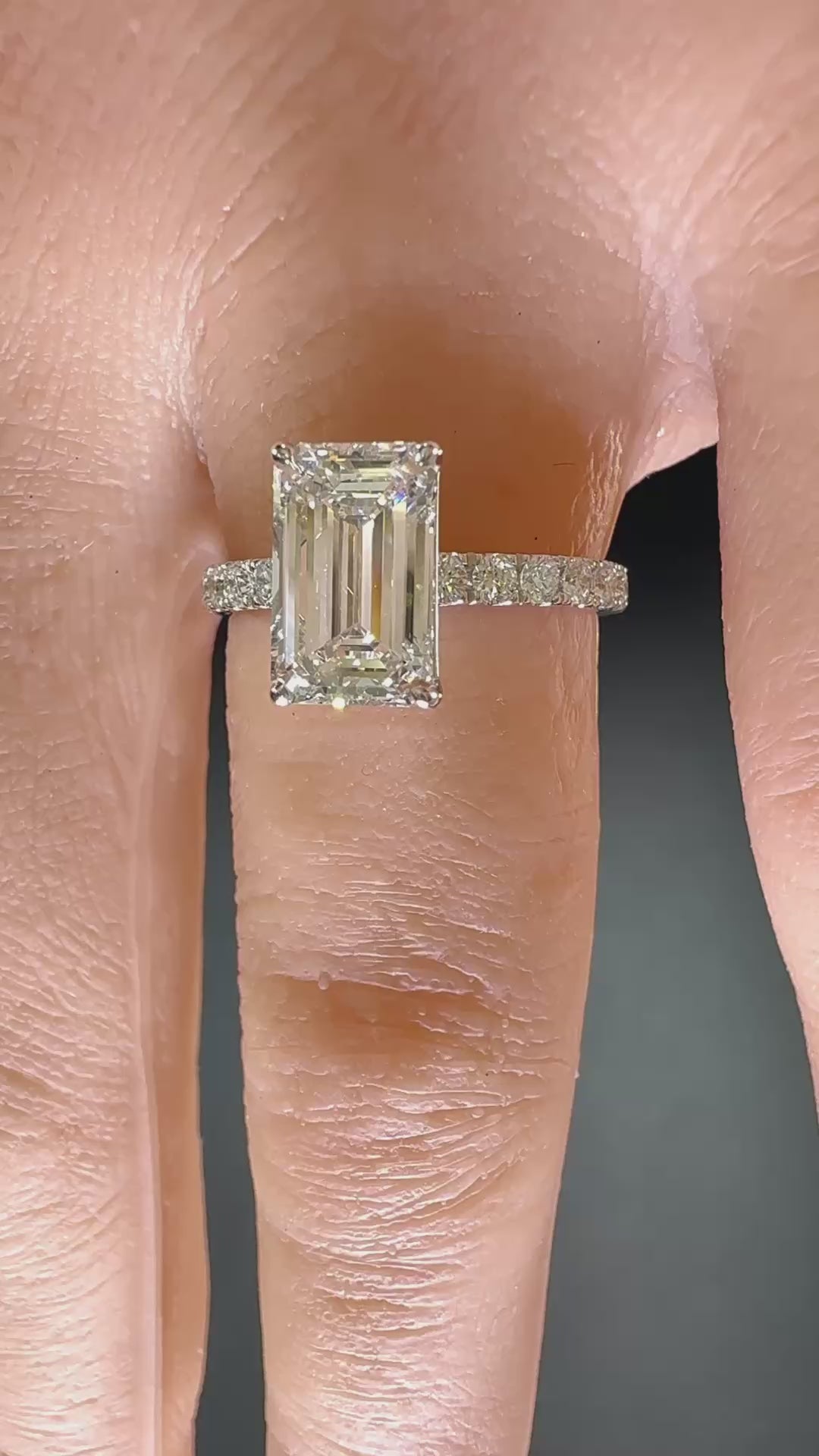 Elongated Emerald Cut Lab Grown Diamond Engagement Ring | 2.25ct IGI Certified | 14K White Gold Pavé