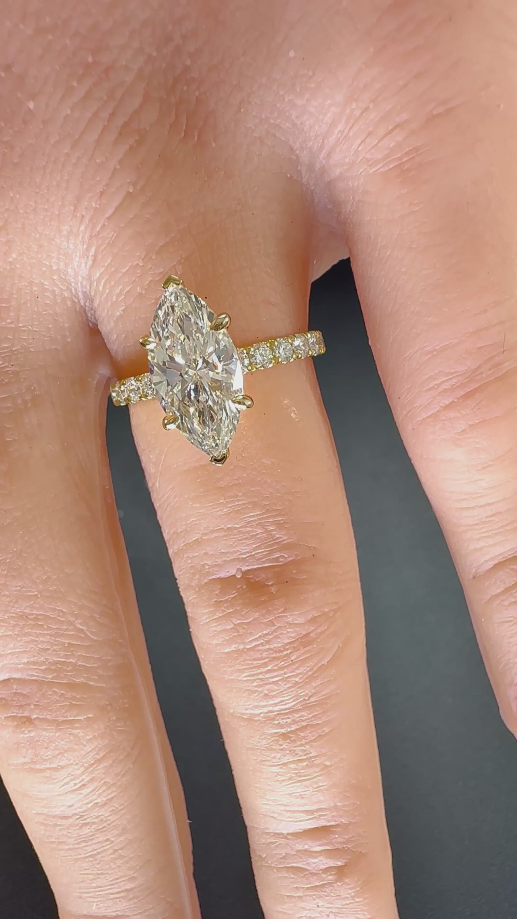 Marquise Cut Lab Grown Diamond Engagement Ring | 3.75ct IGI Certified | 14K Yellow Gold Pavé